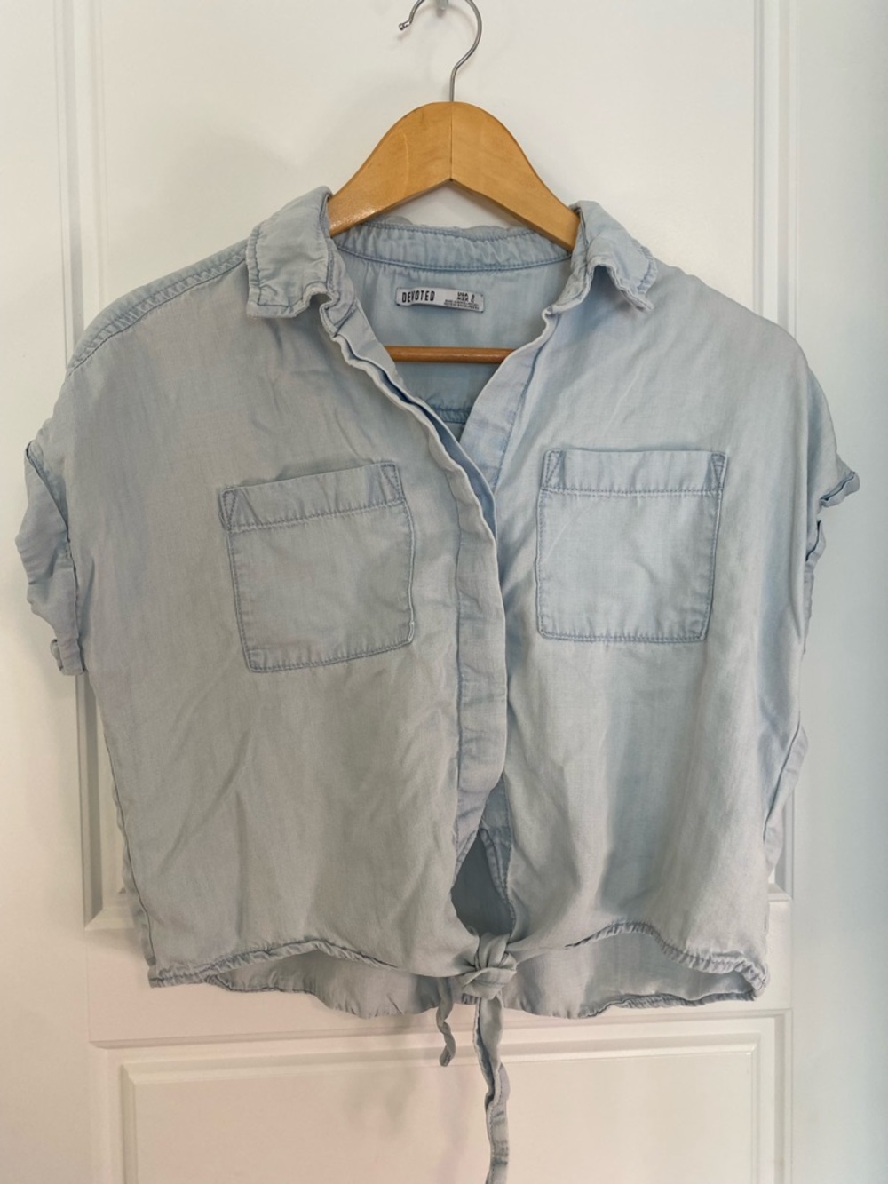 Devoted Size Small Light Blue Tie-Front Denim Blouse Cropped Oversized Summer